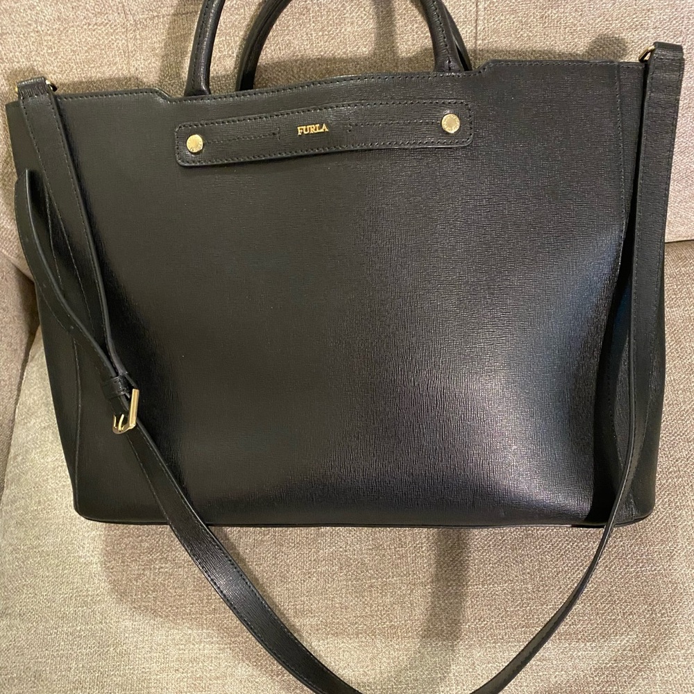Furla Black Structured Tote with Gold Hardware